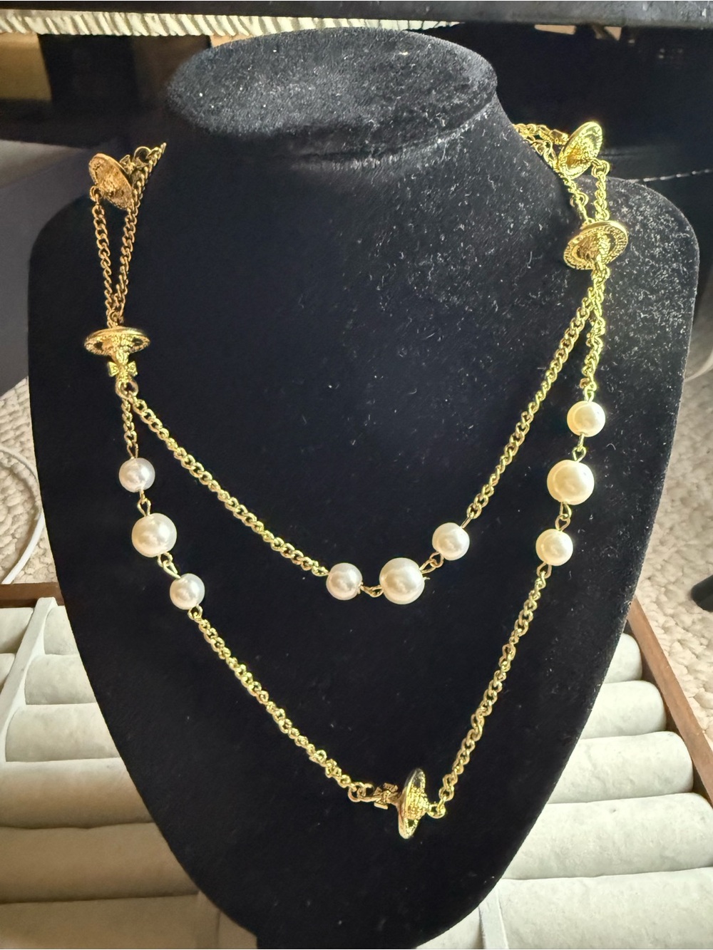Fashion Jewelry Gold-Tone Layered Pearl Station Necklace